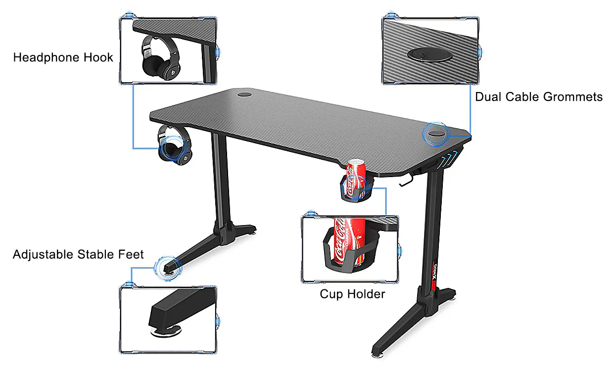 Dripex 44.5" Gaming Desk, T-Shaped Ergonomic Gaming Desk for PC with Cup Holder, Headphone Hook & Storage Basket, Black - Image 3