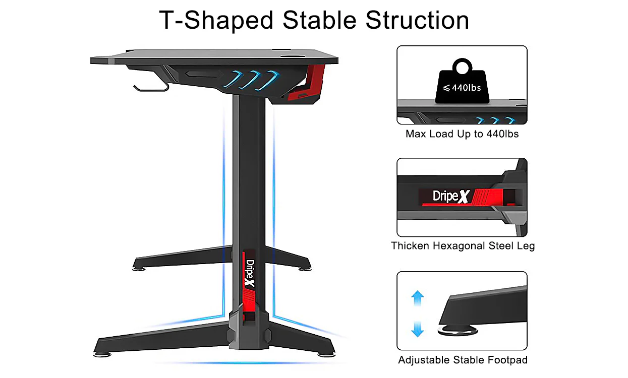 Dripex 44.5" Gaming Desk, T-Shaped Ergonomic Gaming Desk for PC with Cup Holder, Headphone Hook & Storage Basket, Black - Image 6