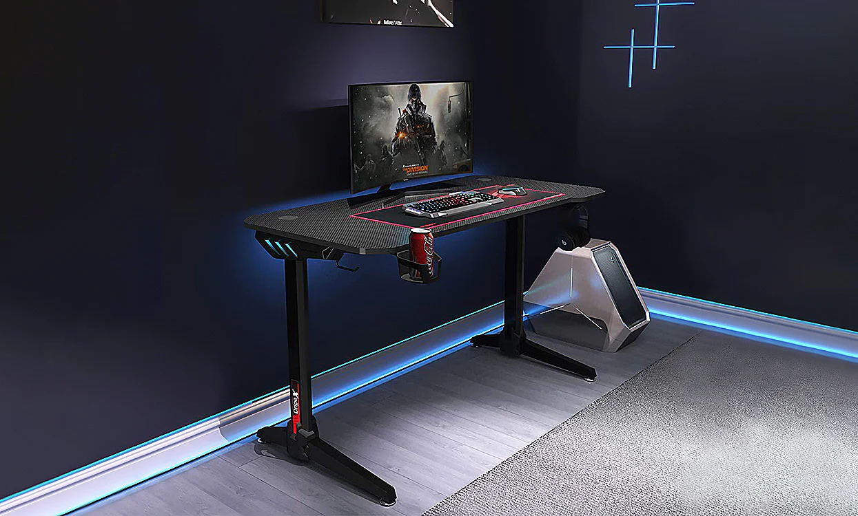 Dripex 44.5" Gaming Desk, T-Shaped Ergonomic Gaming Desk for PC with Cup Holder, Headphone Hook & Storage Basket, Black - Image 8