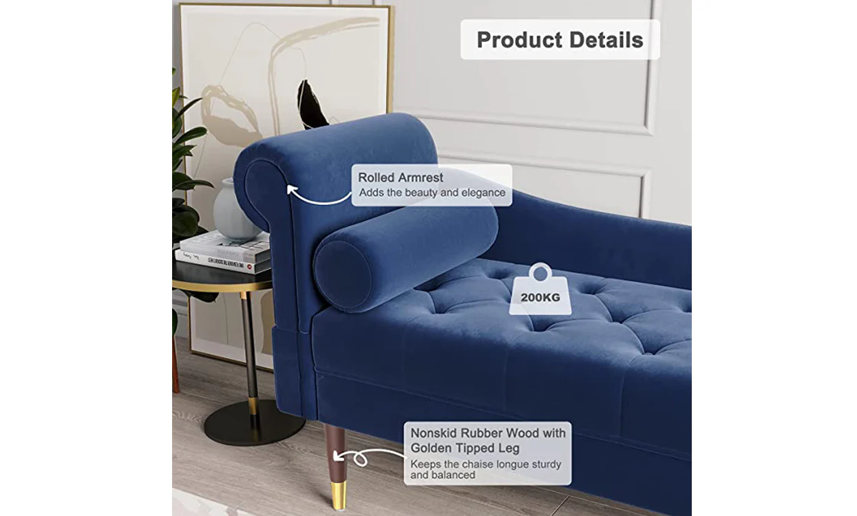 Vesgantti Velvet Chaise Longue, Indoor Lounge Sofa with Left/Right Armrest and Lumbar Pillow, Upholstered Chaise Lounge for Living Room Bedroom and Office, Tool-free Assembly - Image 8