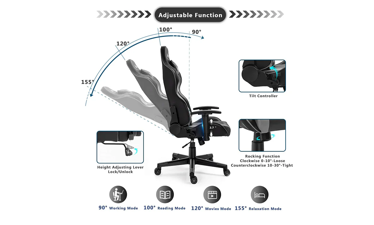 Yoleo/Bigzzia PC & Racing Game Chair-155 Degree-Black - Image 3