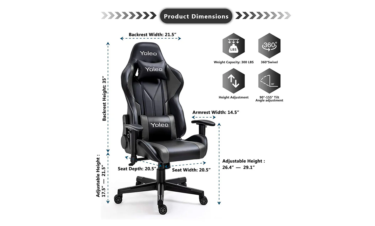 Yoleo/Bigzzia PC & Racing Game Chair-155 Degree-Black - Image 5